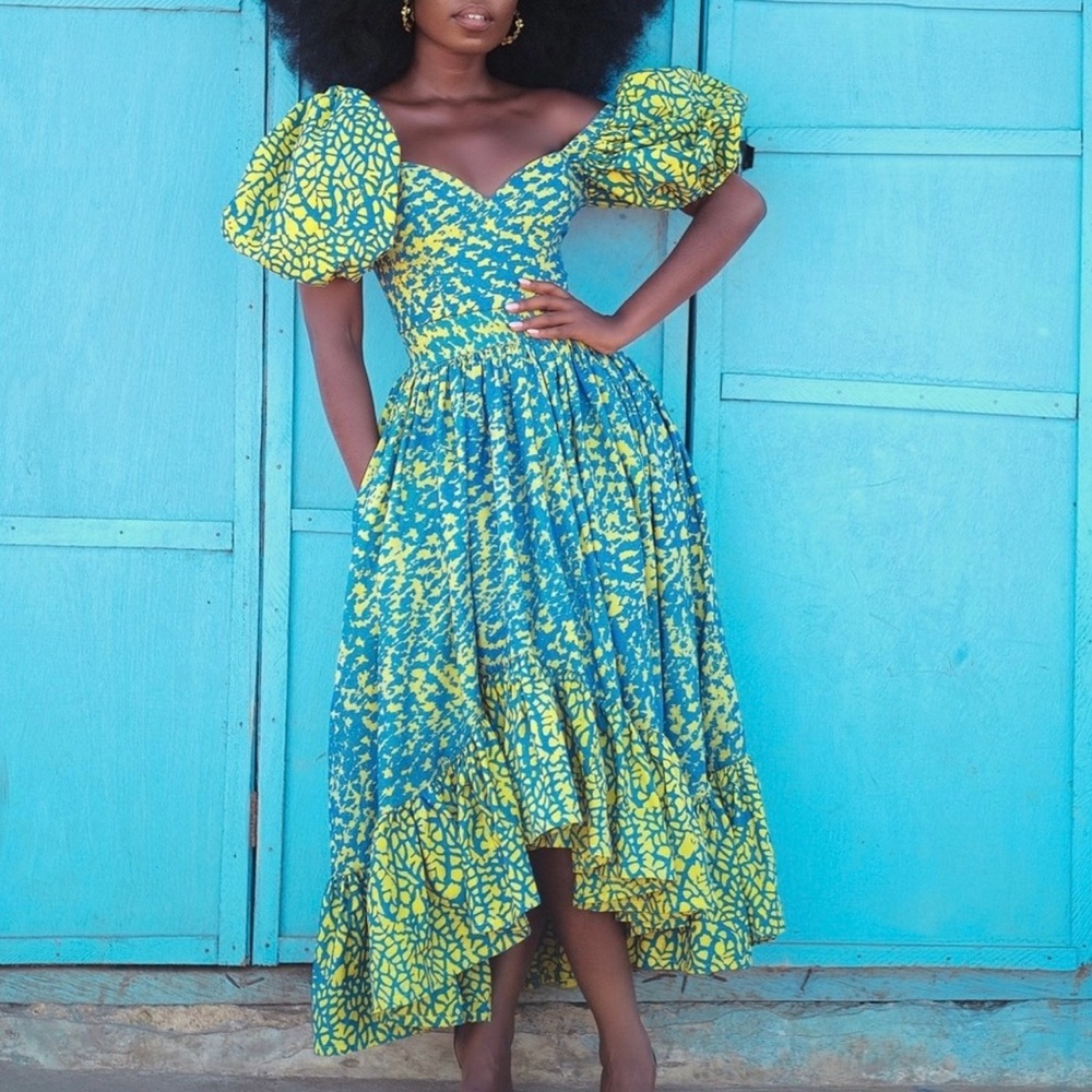 Sika Blue and Green Asymmetrical Ruffled Sundress